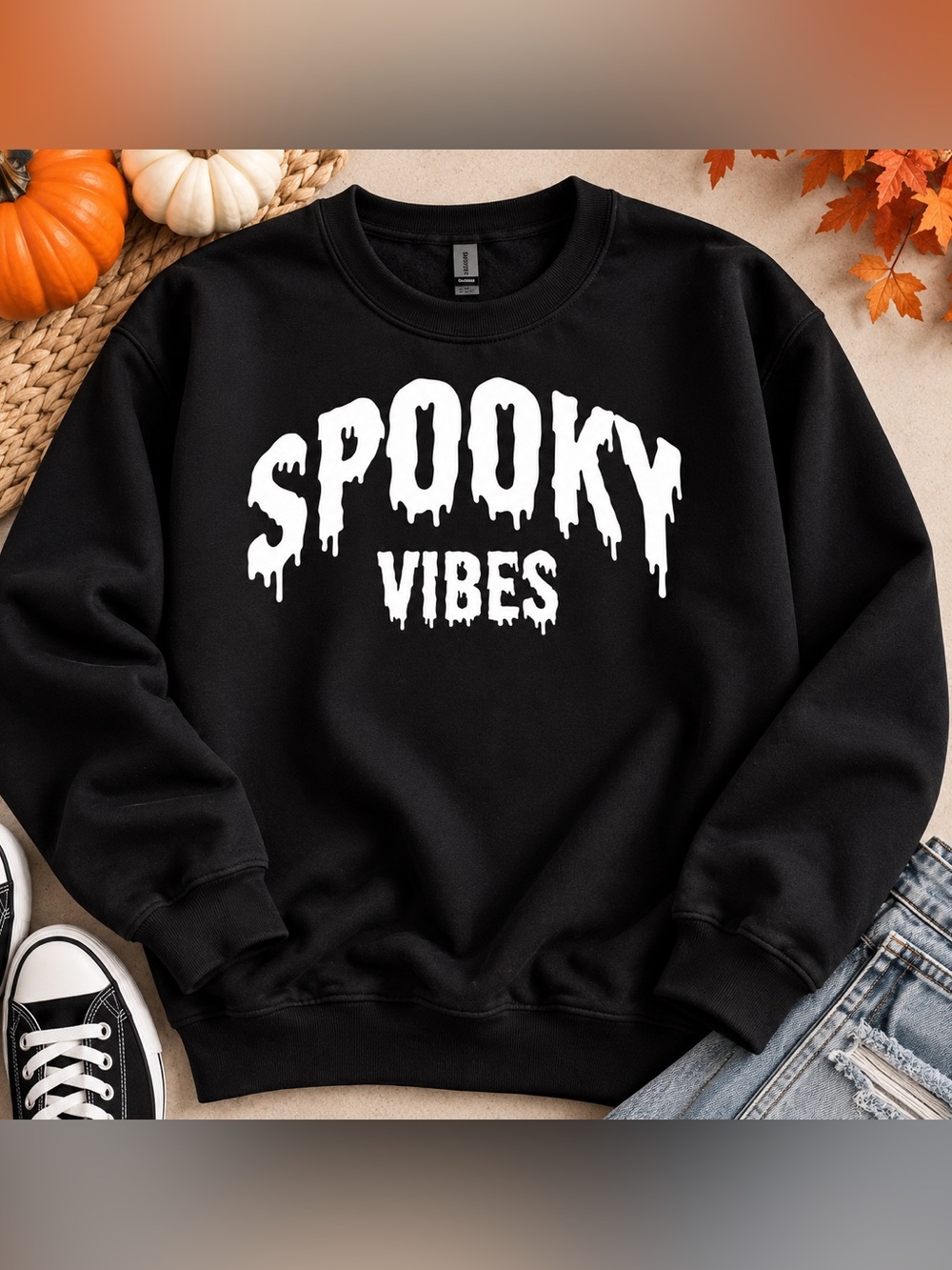 Gildan Black Crewneck Sweatshirt with White "Spooky Vibes" Graphic